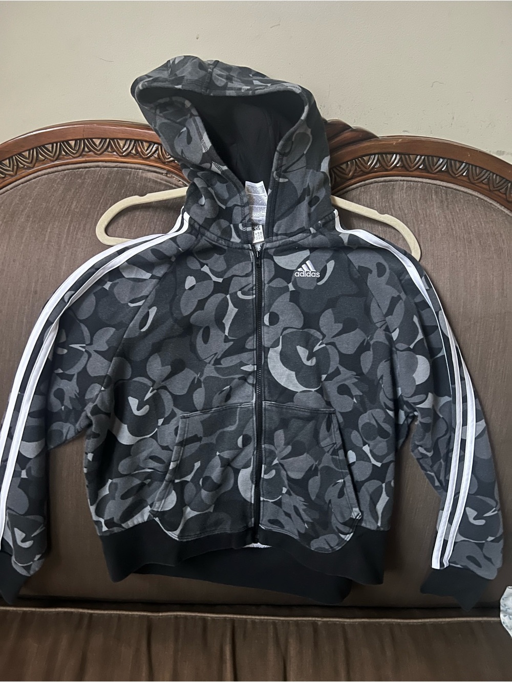 adidas Kids Gray & Black Camo Zip Hoodie with White Stripes